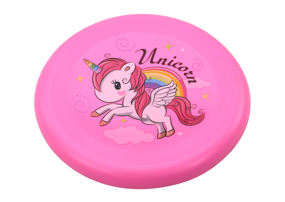 Létající disk Frisbee jednorožec růžový 20 cm LEAN Toys - gumový odolný disk pro venkovní hraní