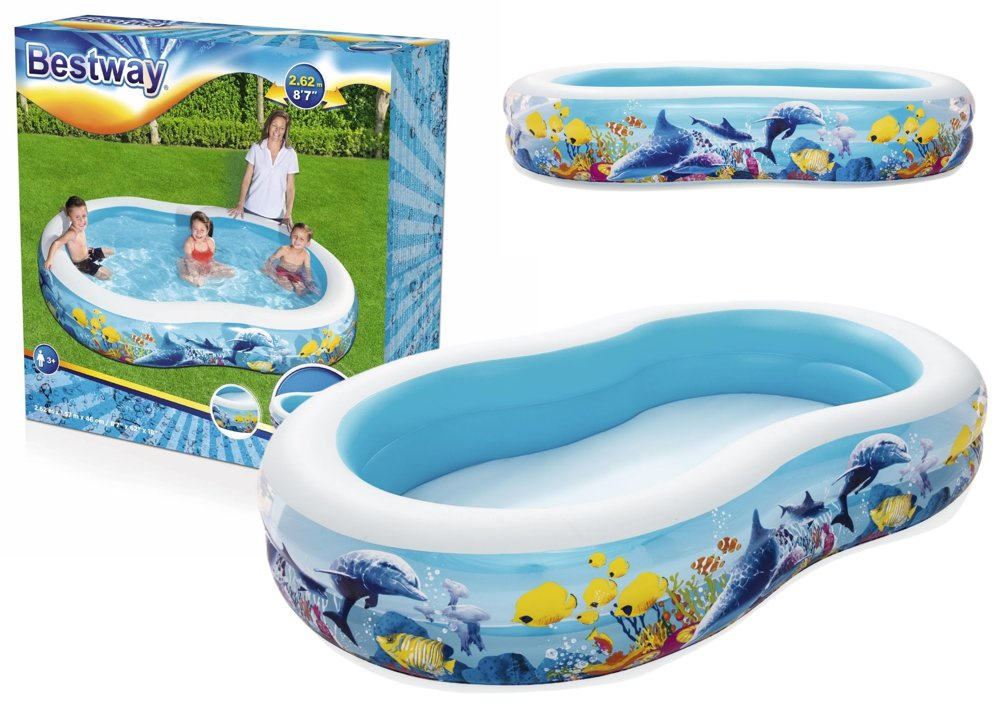 Nafukovací bazén Ocean 262 x 157 x 46 cm Bestway – rodinný bazén s motívom oceánu a tromi nafukovacími kruhmi