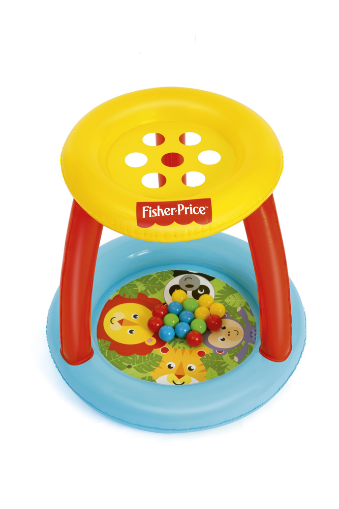 Nafukovacie detské bazénik so strechou Fisher-Price Bestway 93541 – herné centrum 89 × 89 × 84 cm s 15 loptičkami pre deti od 2 rokov
