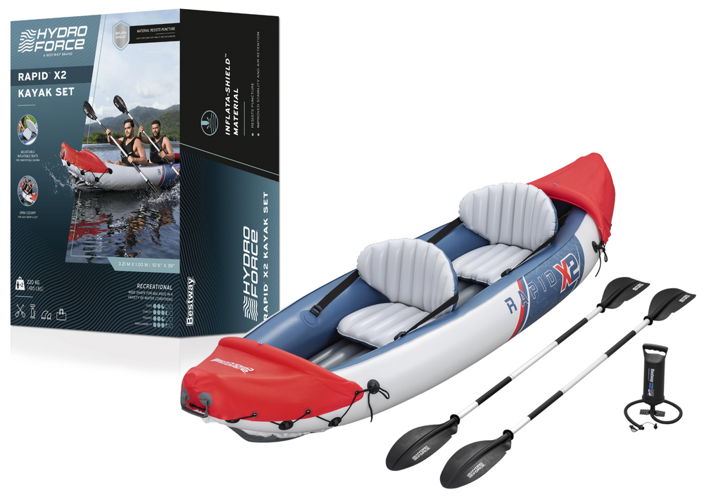 Nafukovací kajak pre dve osoby Bestway 65077 – 321 × 88 cm s nafukovacími sedadlami a smerovou plutvou