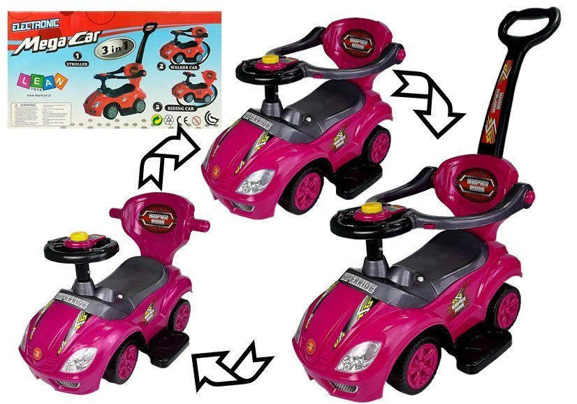 Odrážadlo s odrážacím autíčkom Mega Car 3v1 ružové Baby Mix s hudobným panelom a rukoväťou, 12–36 mesiacov
