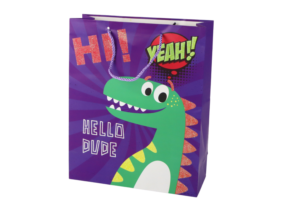 Papierová darčeková taška vo fialovej farbe s dinosaurom LEAN Toys 32×26×10 cm pre deti