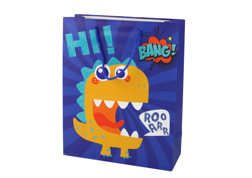 Papierová darčeková taška, modrá, s motívom dinosaura, LEAN Toys, 32×26×10 cm, s pletenou šnúrkou