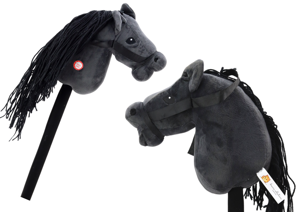 Plyšová hlava koňa na tyči Hobby Horse LEAN Toys, čierna, s dlhou srsťou a zvukmi cvalu