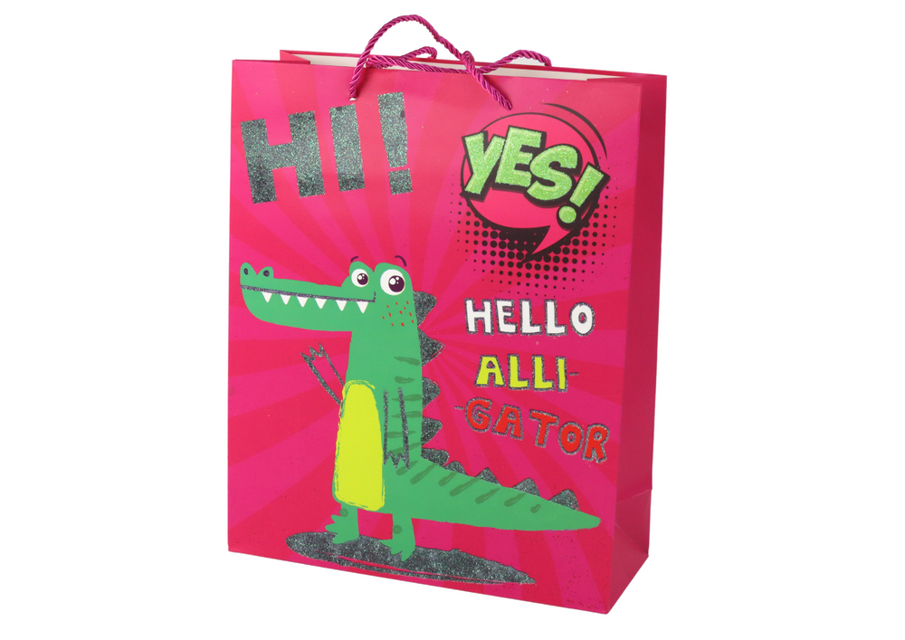 Růžová papírová dárková taška LEAN Toys 32x26x10cm s motivem krokodýla a brokátem