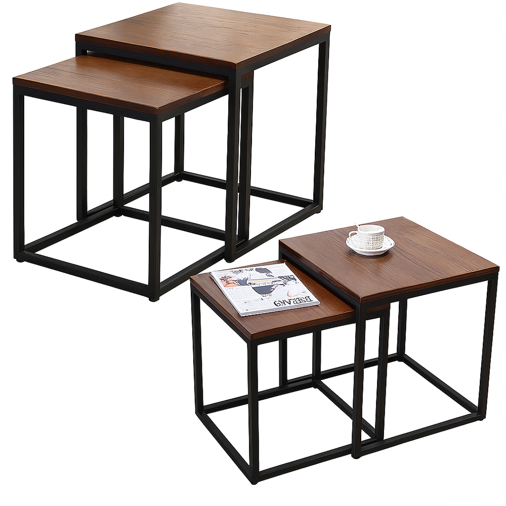 Sada štvorcových konferenčných stolíkov 2v1 LEAN v tmavo hnedej farbe s rozmermi 45×50 cm a 40×45 cm s oceľovým podvozkom