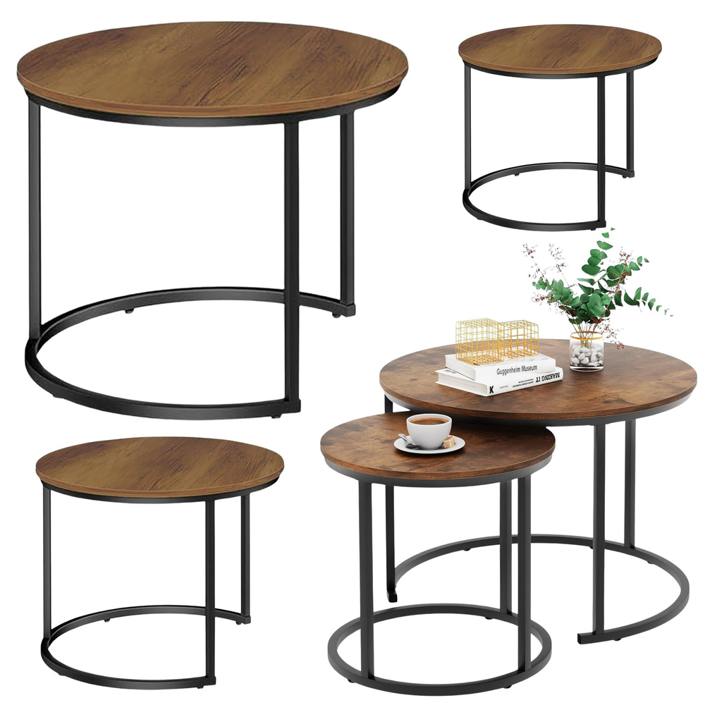 Sada okrúhlych konferenčných stolíkov 3 v 1 LEAN v štýle vintage z prírodného dreva 51/40/30 cm, moderný dizajn