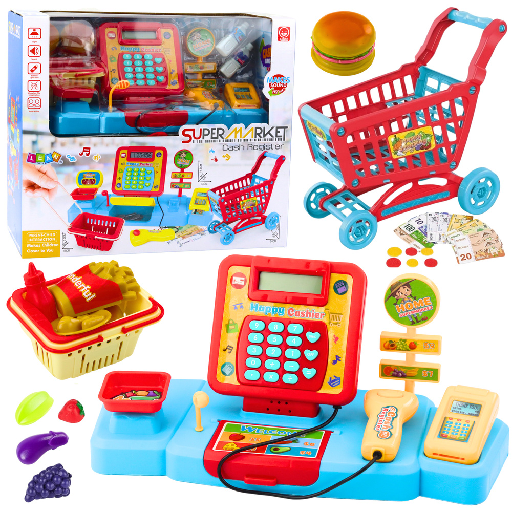 Detská pokladňa LEAN Toys s košíkom a potravinami – interaktívna hracia sada so zvukmi a svetlami