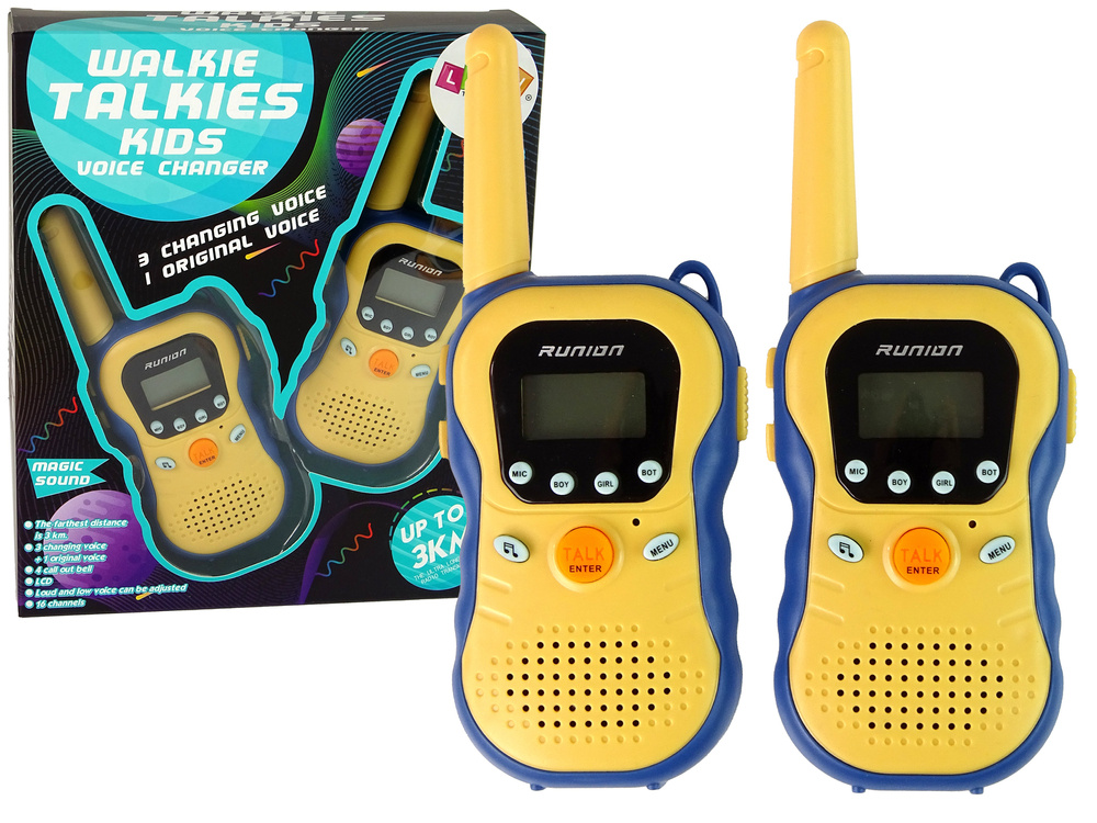 Sada Vysílaček Dětské Walkie Talkie LEAN Toys Žluté 2 ks - dosah 3 km, 3 hlasové režimy