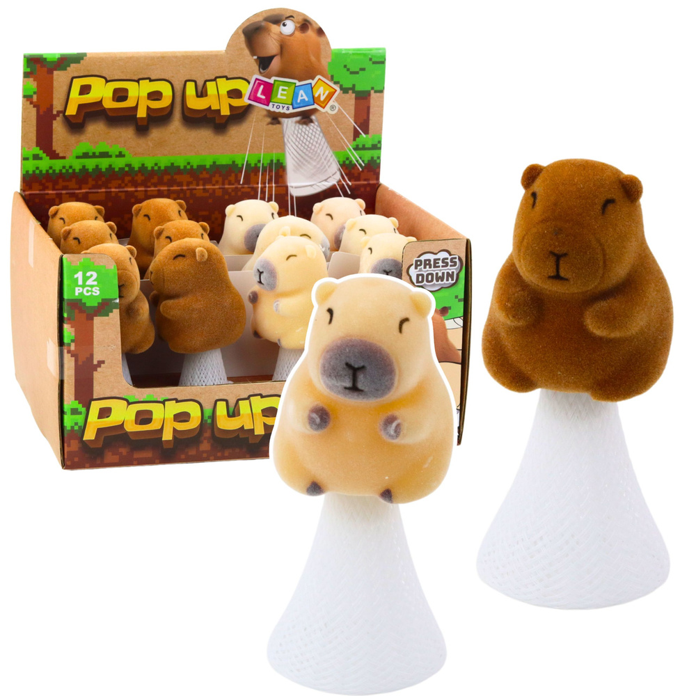 Skákajúca kapybara na pružine LEAN Toys 10 cm – interaktívna hračka typu „pop-up“ pre deti, béžová, hnedá