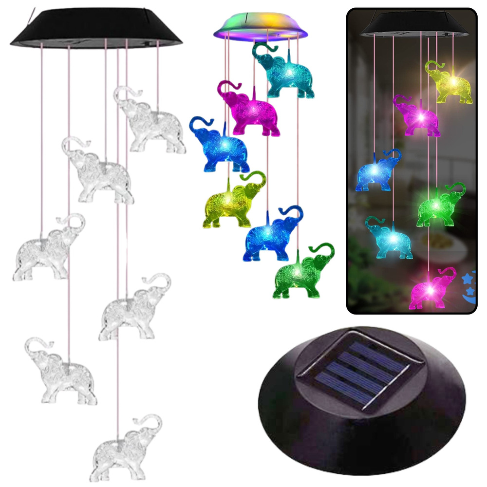 Solárne záhradné LED lampy – zvonkohra s farebnými slonmi, 70 cm, LEAN, s RGB diódami a automatickým senzorom