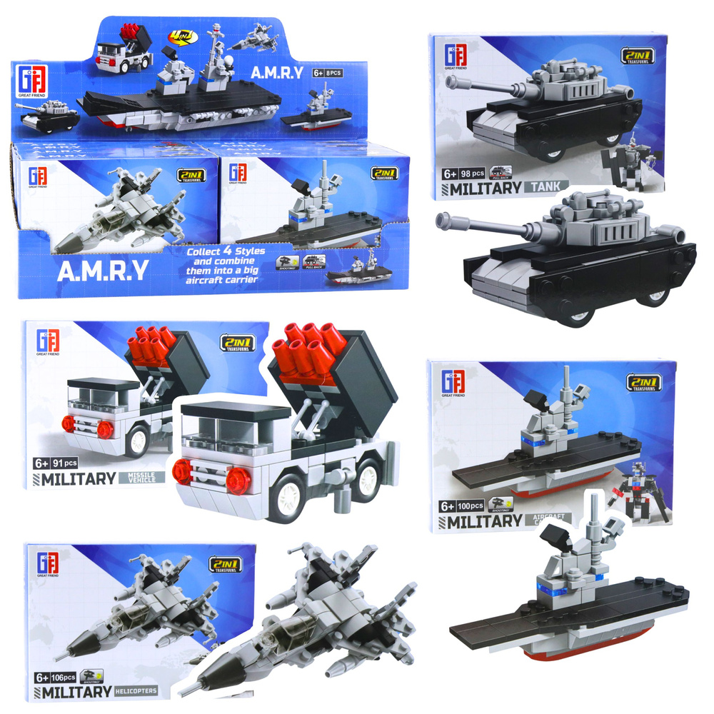 Stavebné kocky 2 v 1 – Vojenské vozidlá, dopravné prostriedky, robot