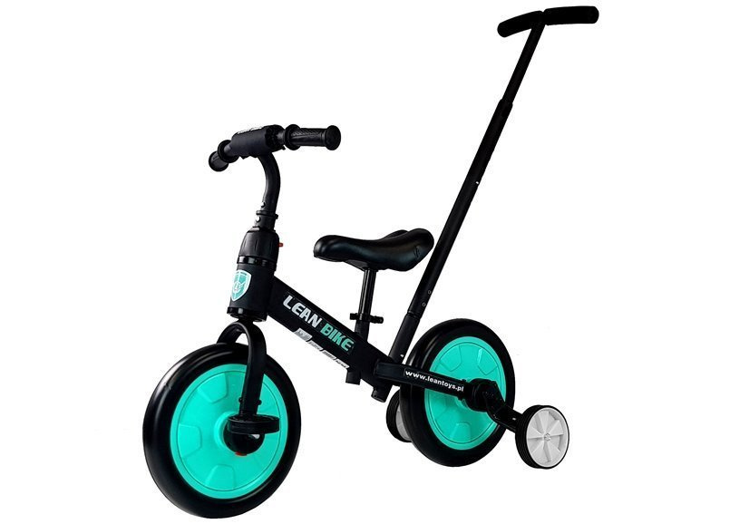 Trojkolesový odrážadlo LEAN Trike 3v1 v čierno-mätovej farbe s nastaviteľným sedadlom pre deti vo veku 1–4 roky