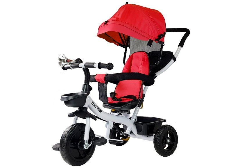 Trojkolesový bicykel LEAN Toys PRO300, červený, s vodiacou tyčou a strieškou pre deti od 6 mesiacov do 5 rokov, nosnosť 25 kg