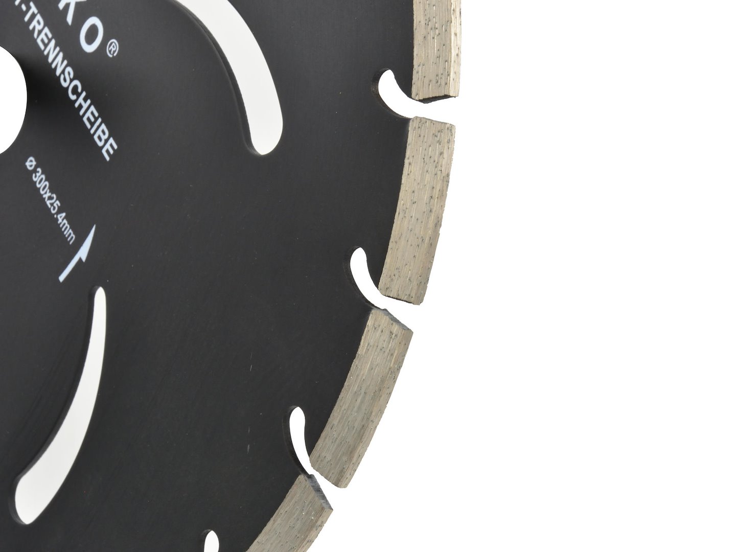 Diamantový kotouč černý 300x10x25,4 mm Geko – detail středového otvoru a segmentů