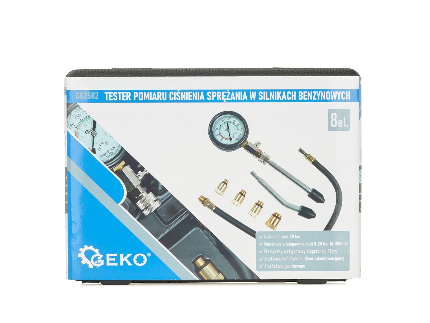 Tester kompresního tlaku pro benzínové motory – sada 8 adaptérů (Geko G02502) 8