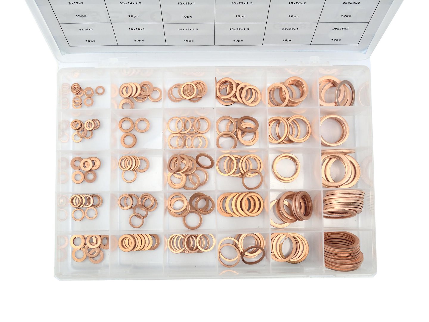 Sada měděných podložek 300 ks – detail podložek velikosti 10 a 20 mm