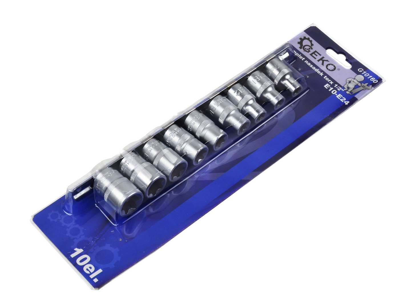 Sada 10 ks torx klíčů E10–E24, 1/2" na liště – Geko 4