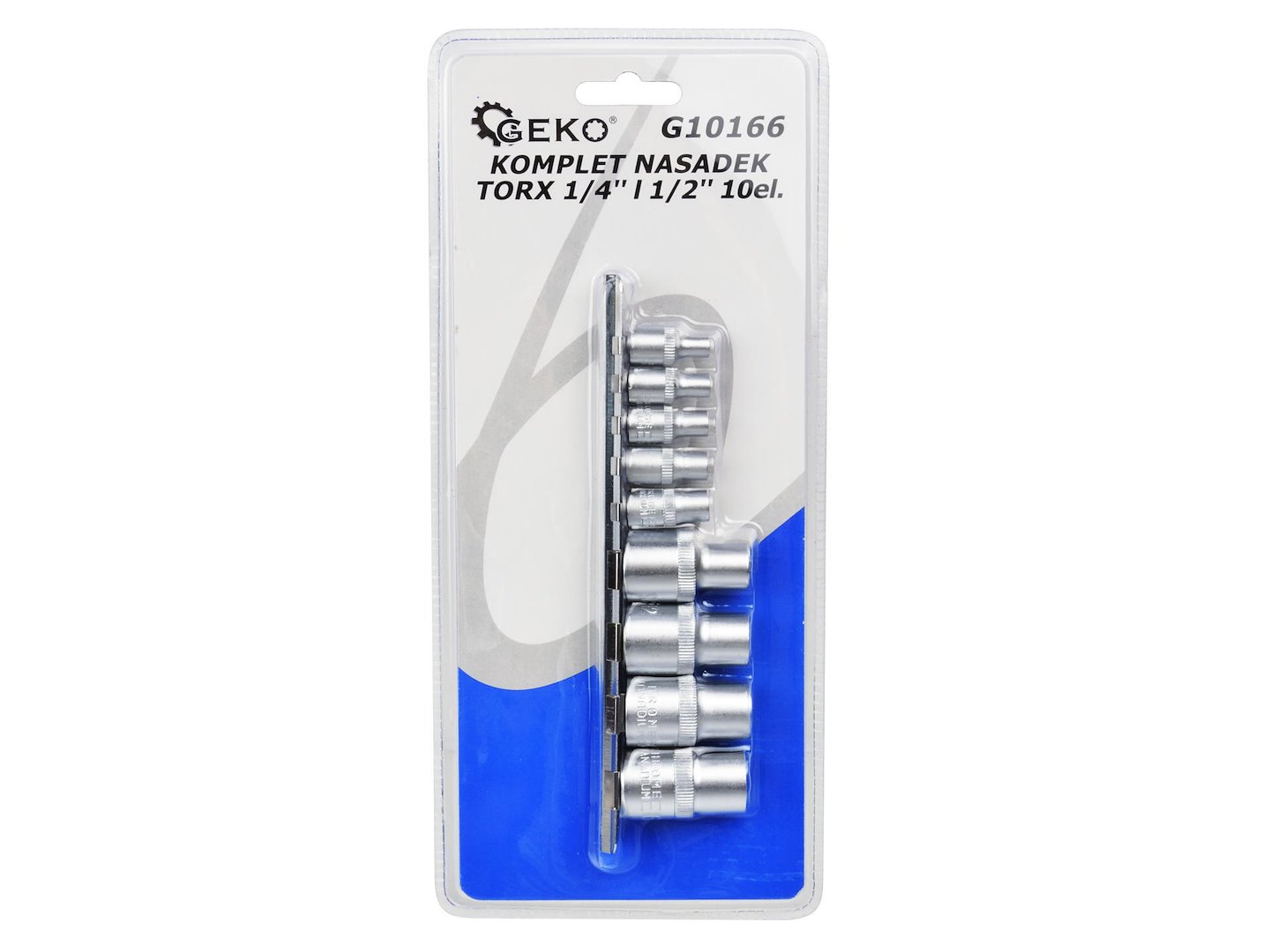 9 ks sada Torx klíčů E4–E16, 1/4" a 1/2" na liště – Geko 5
