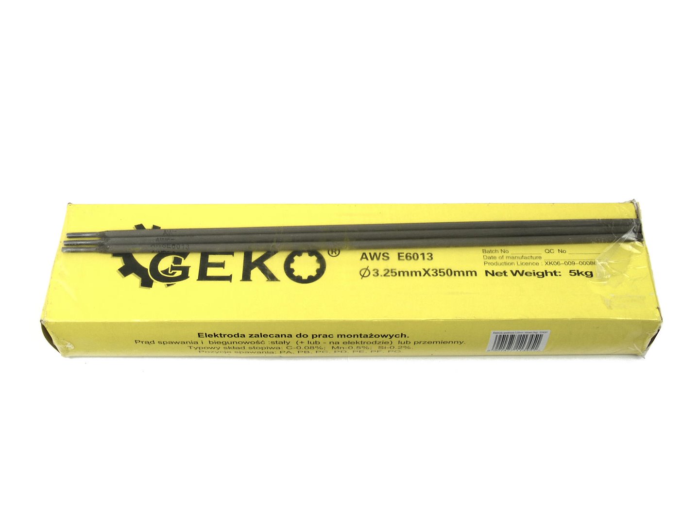 Svařovací elektrody Geko 3,25 mm – detail elektrody a obal