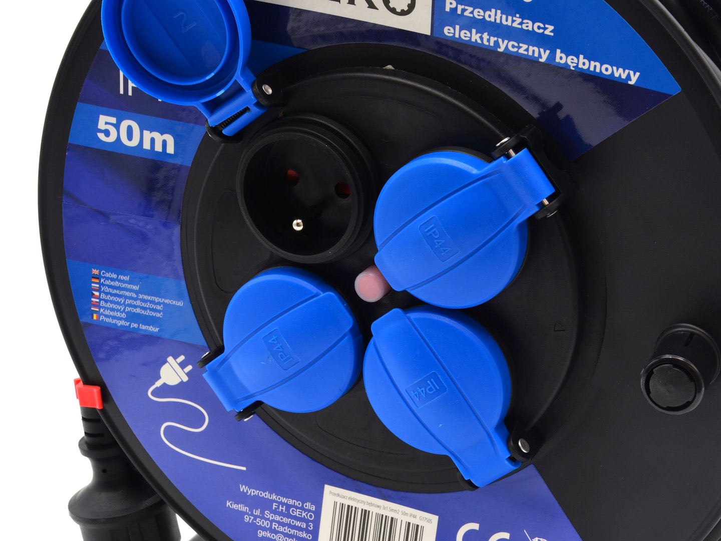 Elektrická prodlužovací šňůra s navijákem Geko – zásuvka se zemnicím kolíkem IP44