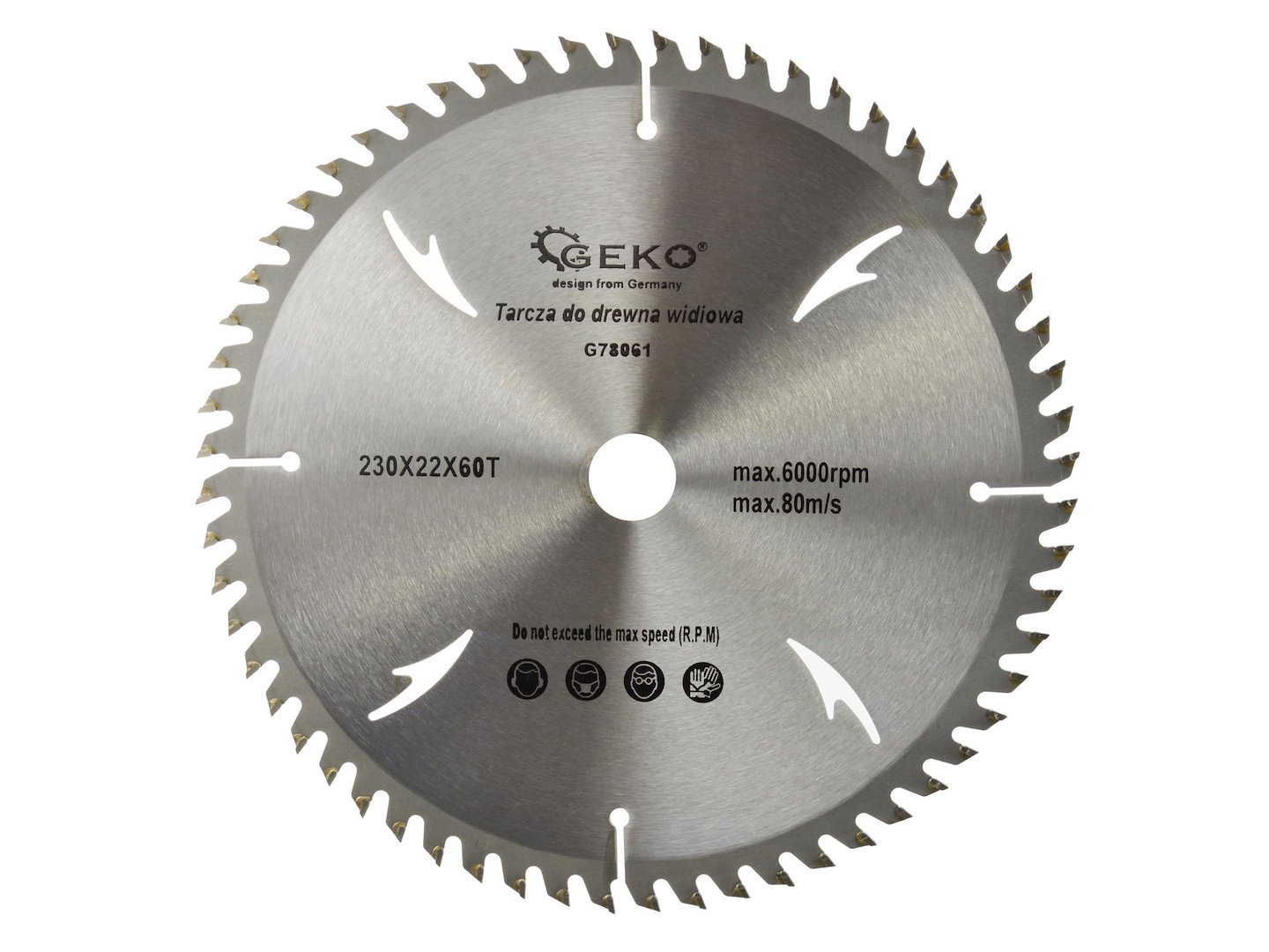 Kotouč na dřevo GEKO 230x22x60T – pohled na pilový kotouč s 60 zuby a středovým otvorem 22 mm