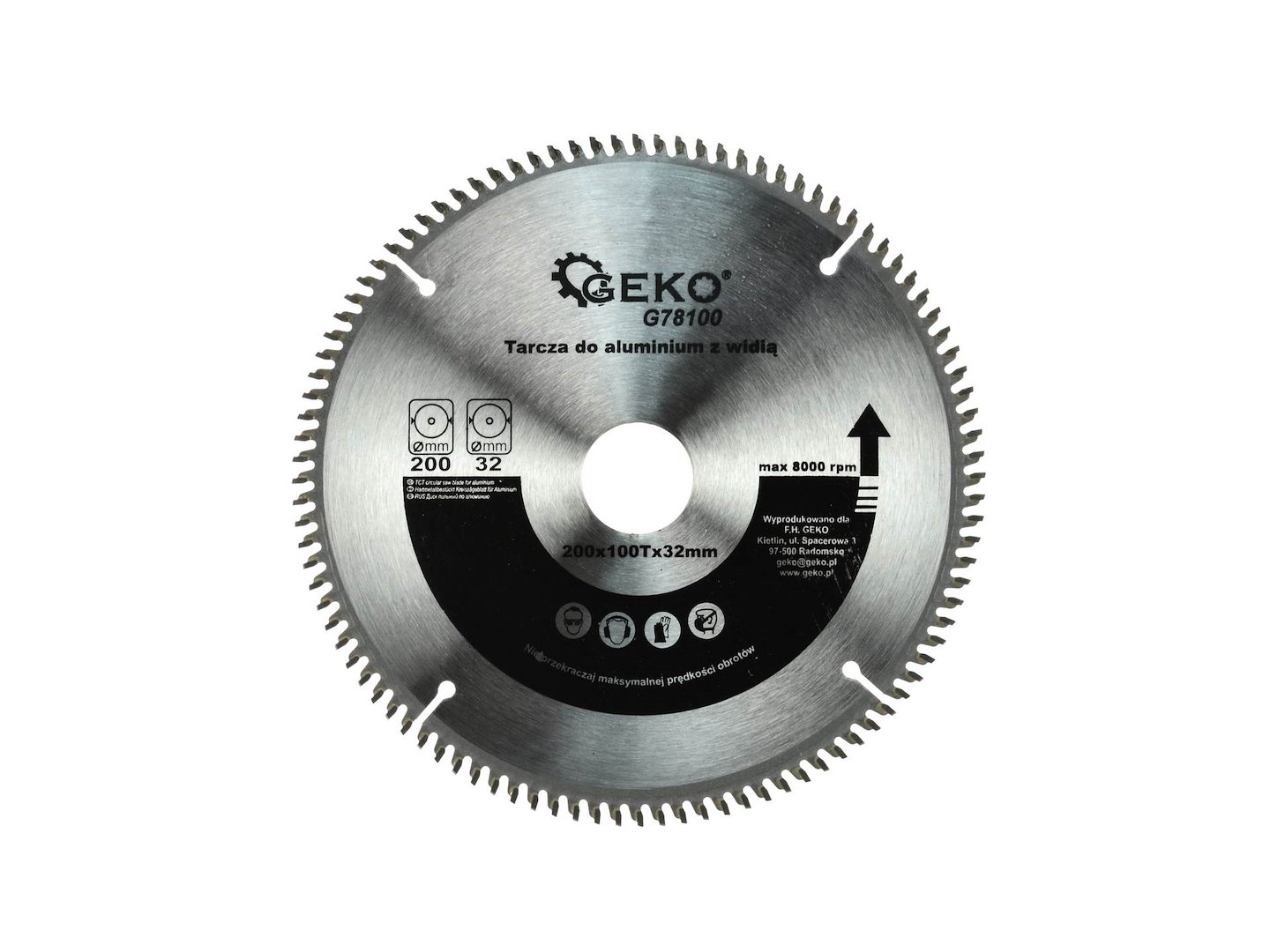 Kotouč na hliník Geko 200 mm x 100T x 32 mm – pohled zepředu na celý kotouč