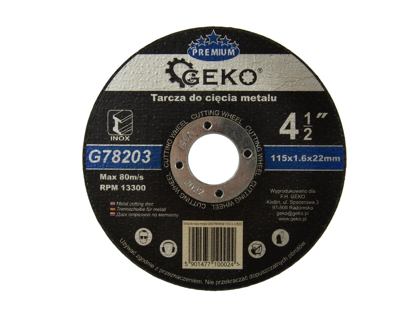 Řezací kotouč Geko PREMIUM 115x1,6 Inox – pohled zepředu