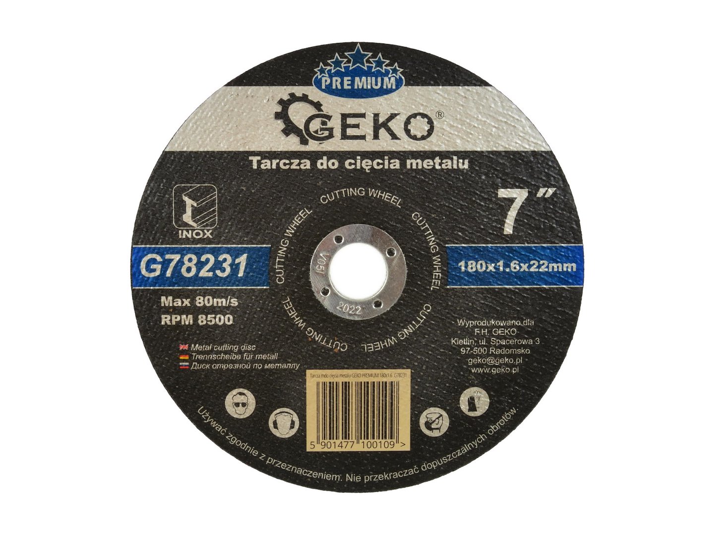 Řezací kotouč GEKO PREMIUM 180x1,6 Inox – celkový pohled