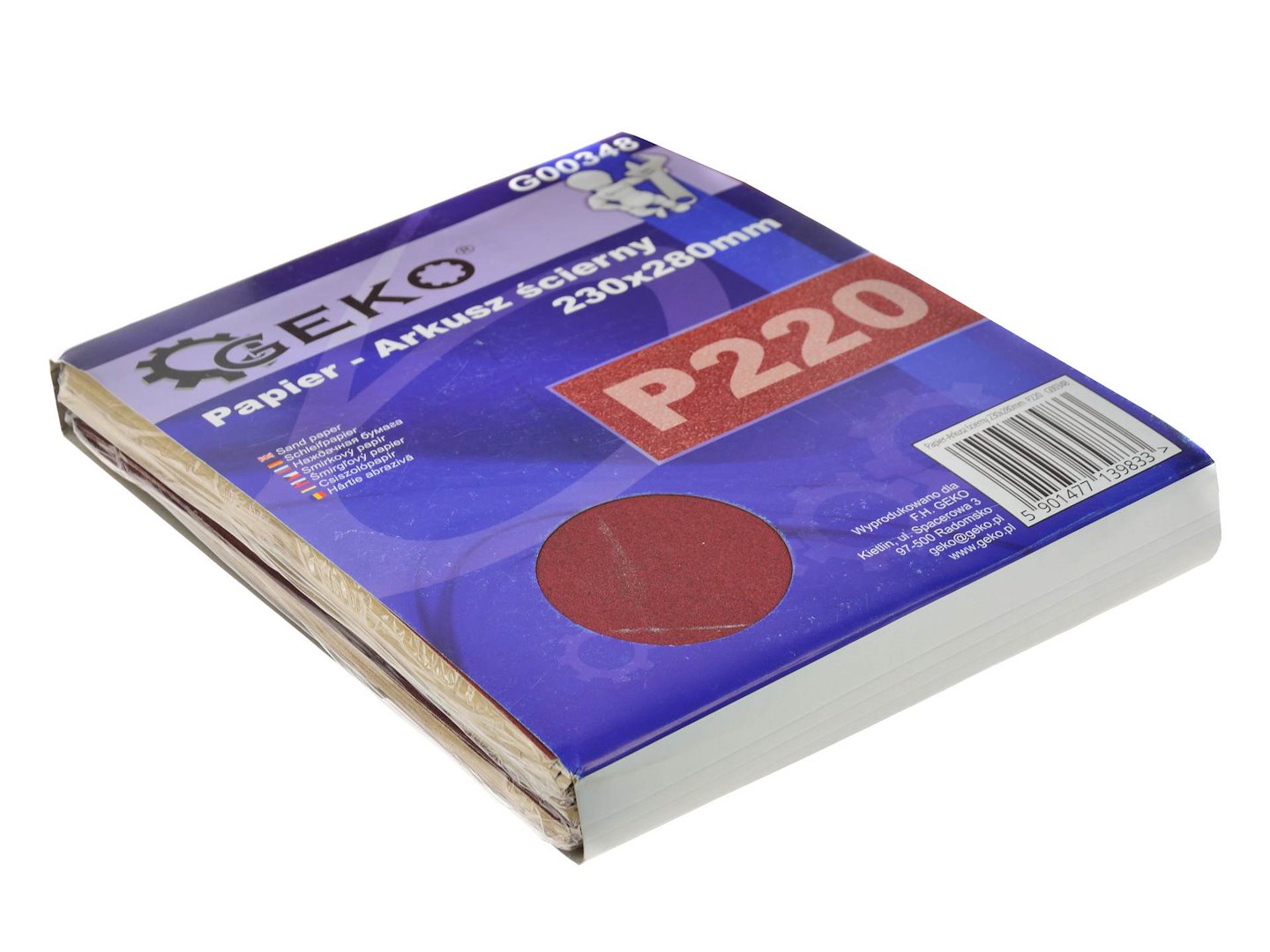 Brusný list Geko 230x280 mm P220 – pohled na balení a zadní stranu