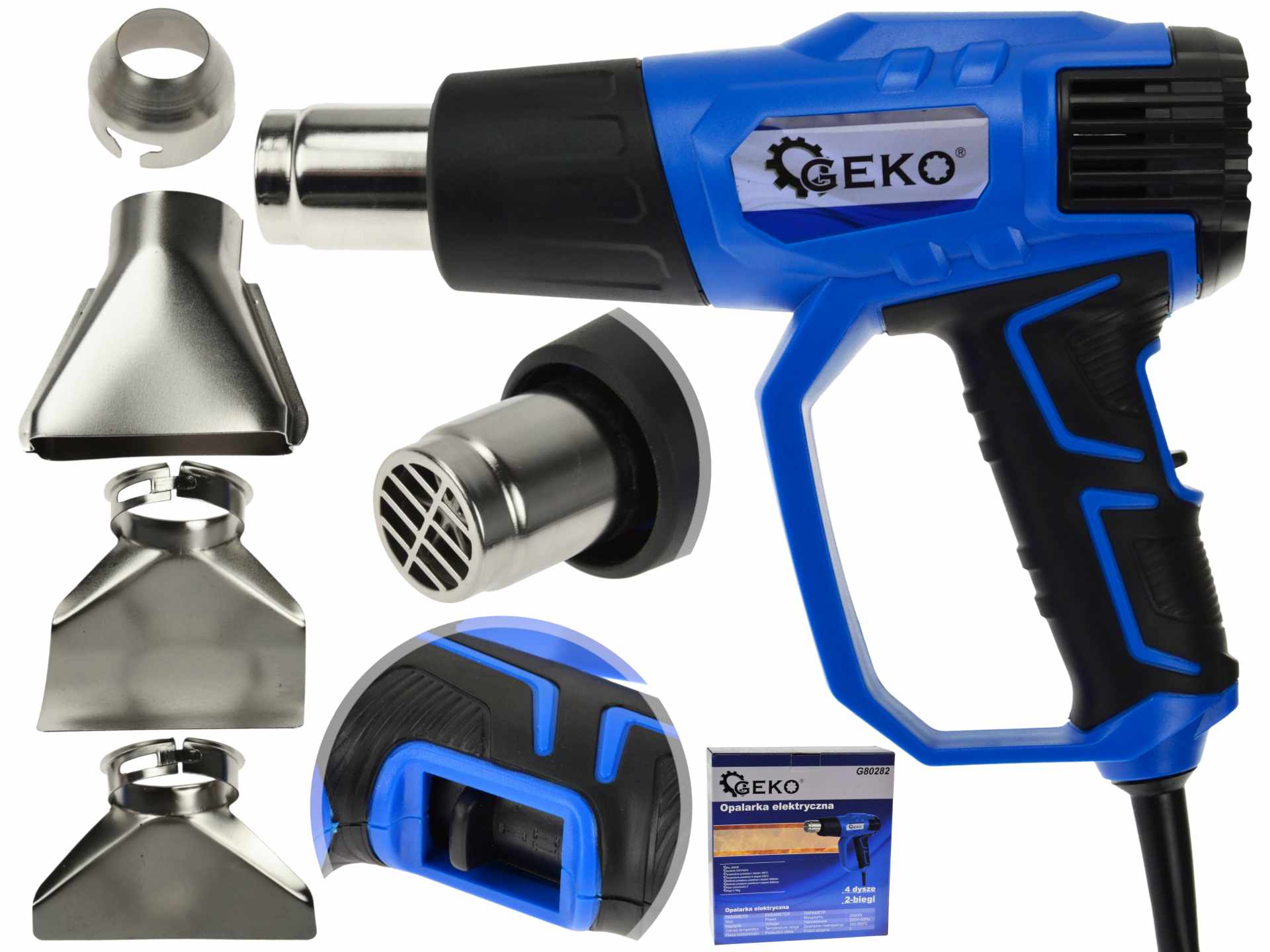 Elektrická horkovzdušná pistole 2000 W, rukojeť + trysky – Geko 8