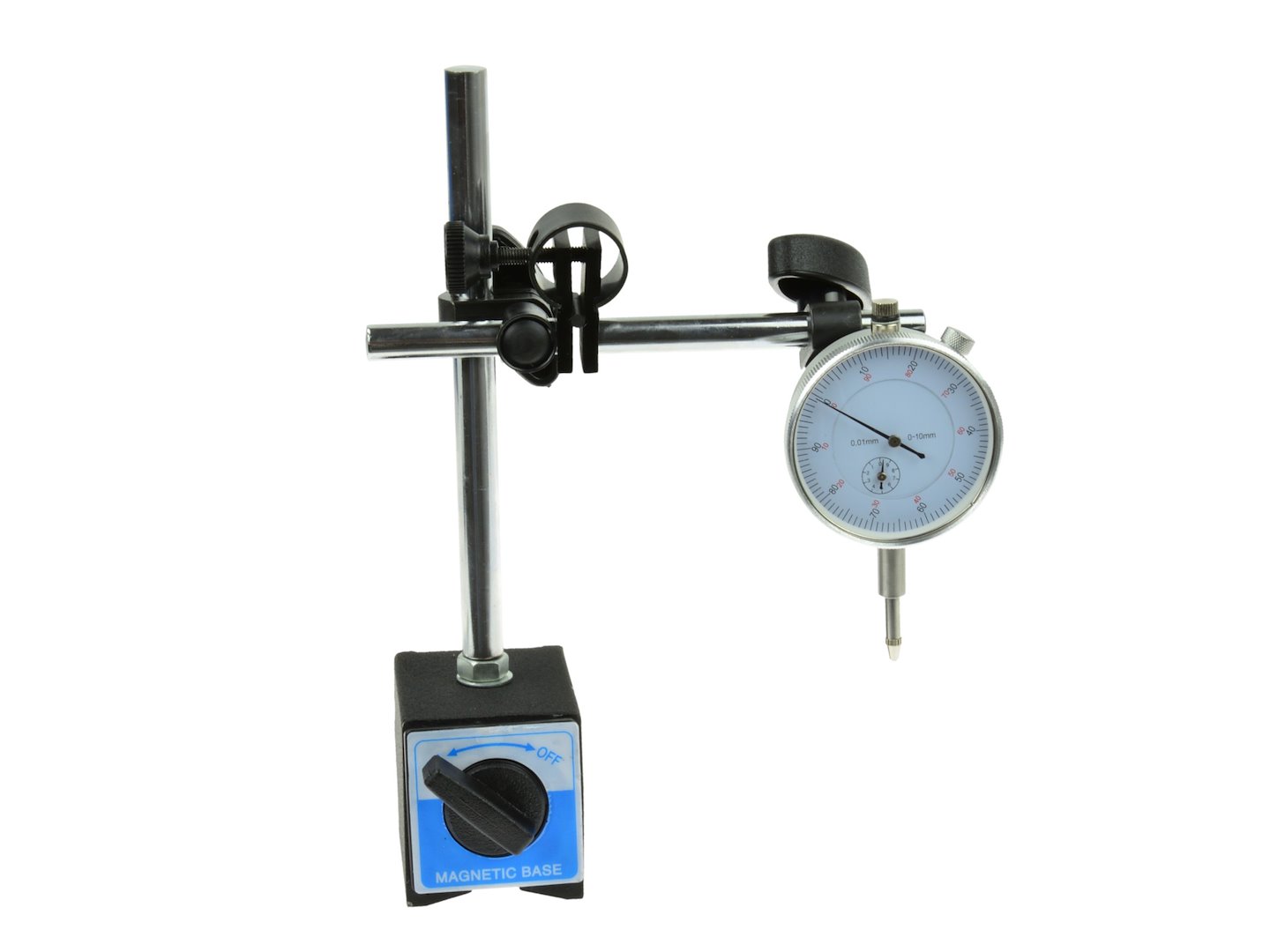 Hodinový senzor Geko 10/0,01 mm – celkový pohled na senzor s magnetickým stojanem