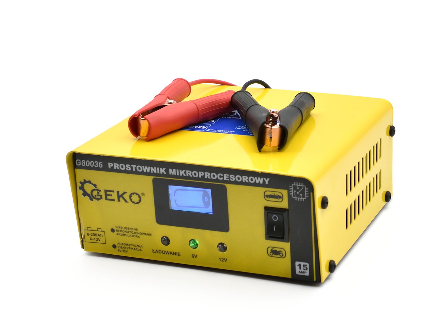 Mikroprocesorový LCD nabíječ Geko 6/12 V 15 A – celkový pohled