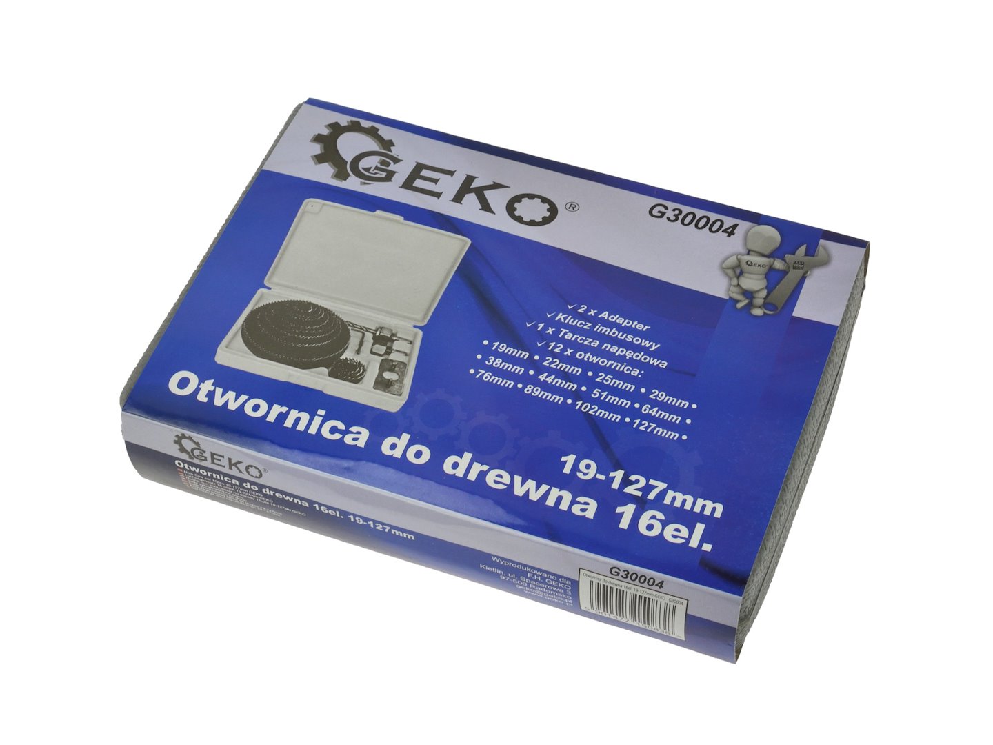 Děrovací fréza na dřevo 16 ks 19–127 mm Geko – použití na dřevěném materiálu