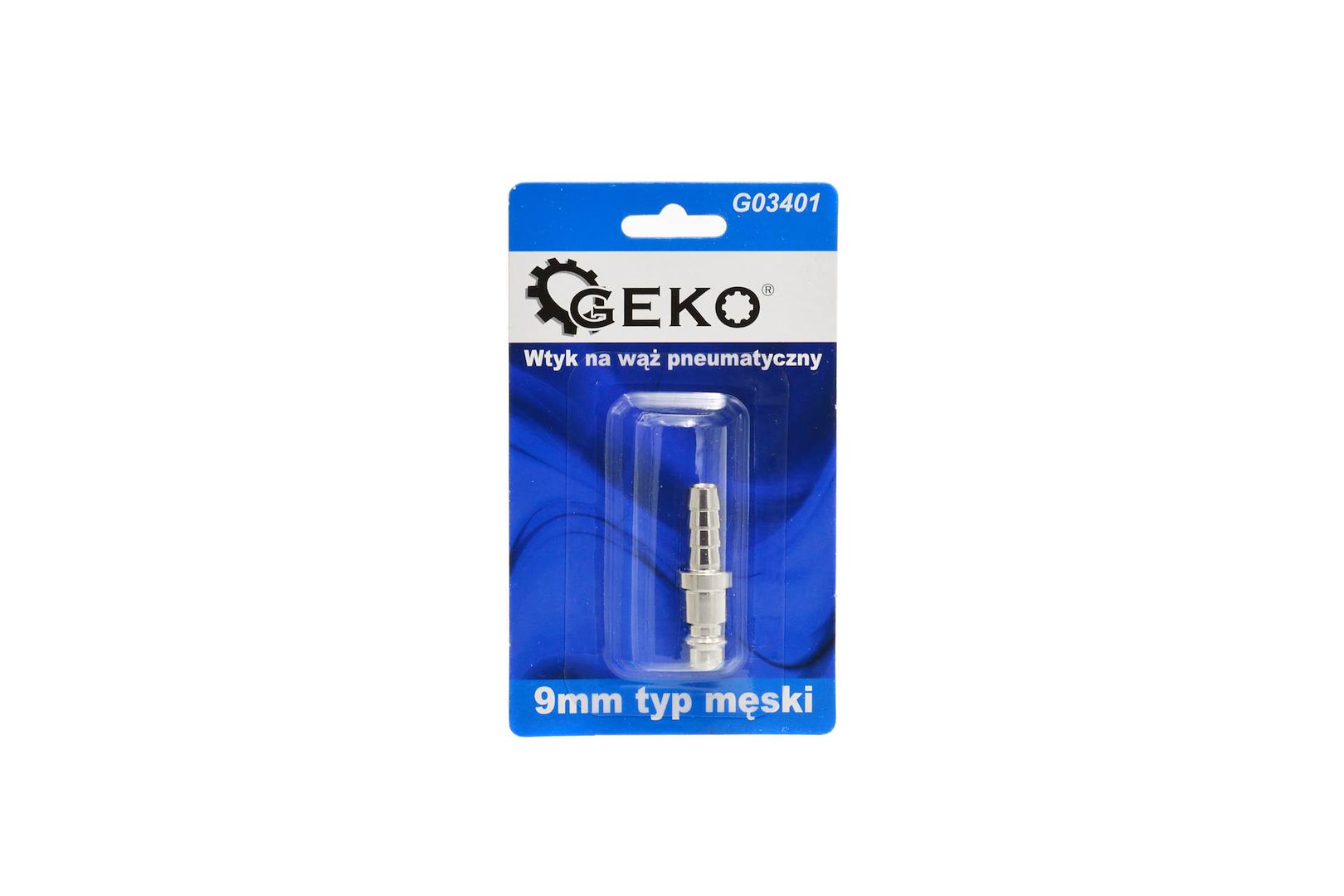 Zástrčka pro pneumatickou hadici 9 mm typ samec Geko – pohled na produkt v blistrovém balení