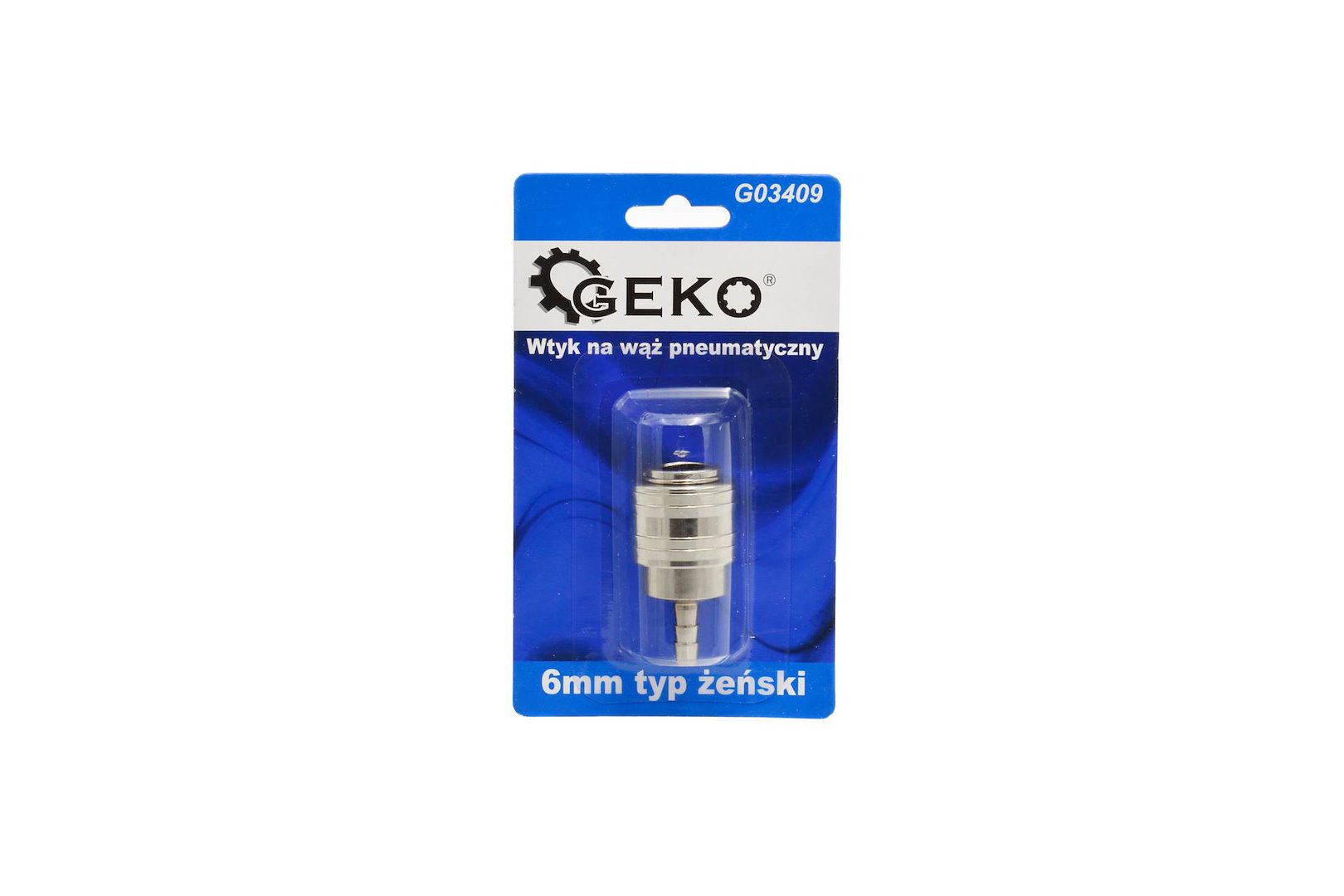 Zástrčka pro pneumatickou hadici 6 mm typ ženský Geko – celkový pohled na produkt v blistrovém balení