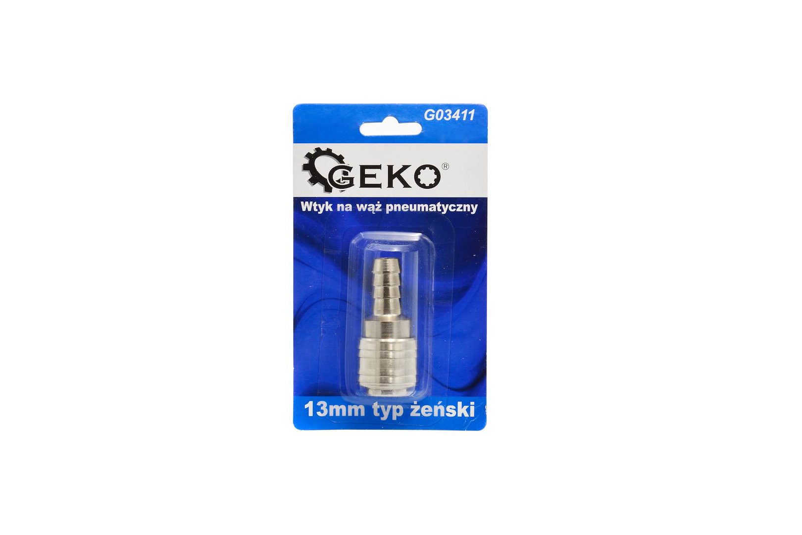 Zástrčka pro pneumatickou hadici 13 mm typ samice Geko – pohled na produkt v blistrovém balení