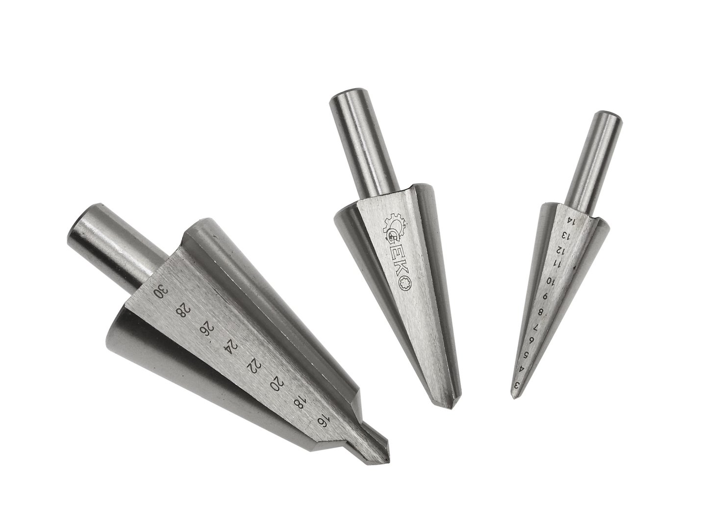 Sada 3 ks stupňovitých vrtáků 3–30 mm – detail stupňovité geometrie vrtáku