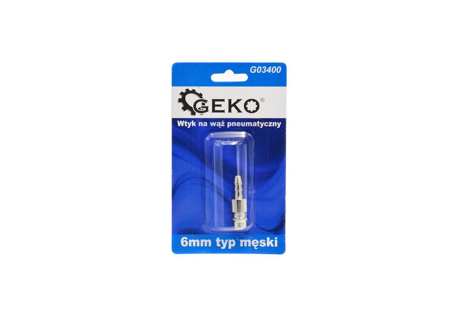 Zástrčka pro pneumatickou hadici 6 mm typ samec Geko – pohled na produkt v blistrovém balení