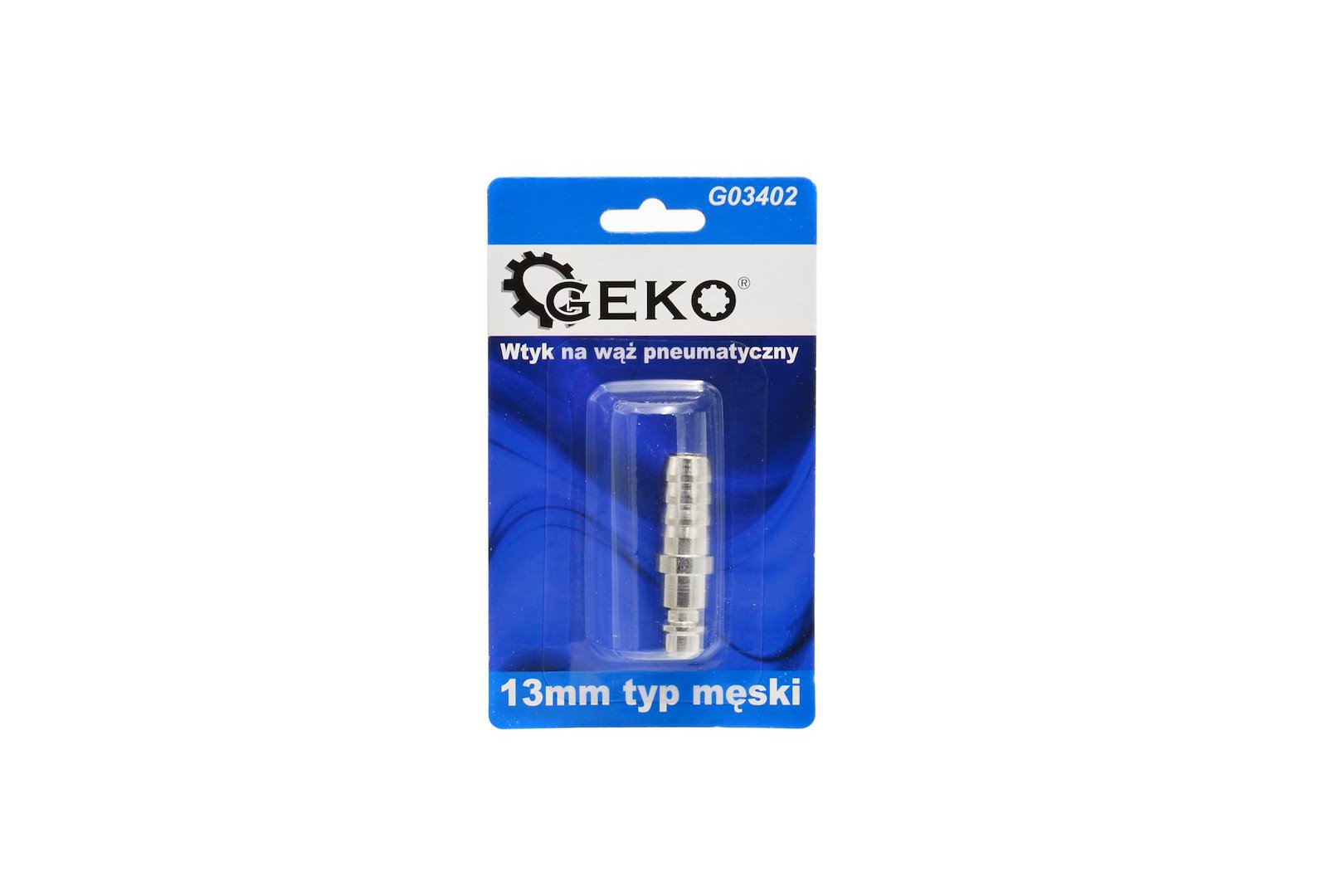 Zástrčka pro pneumatickou hadici 13 mm typ samec Geko – pohled na produkt v blistrovém balení